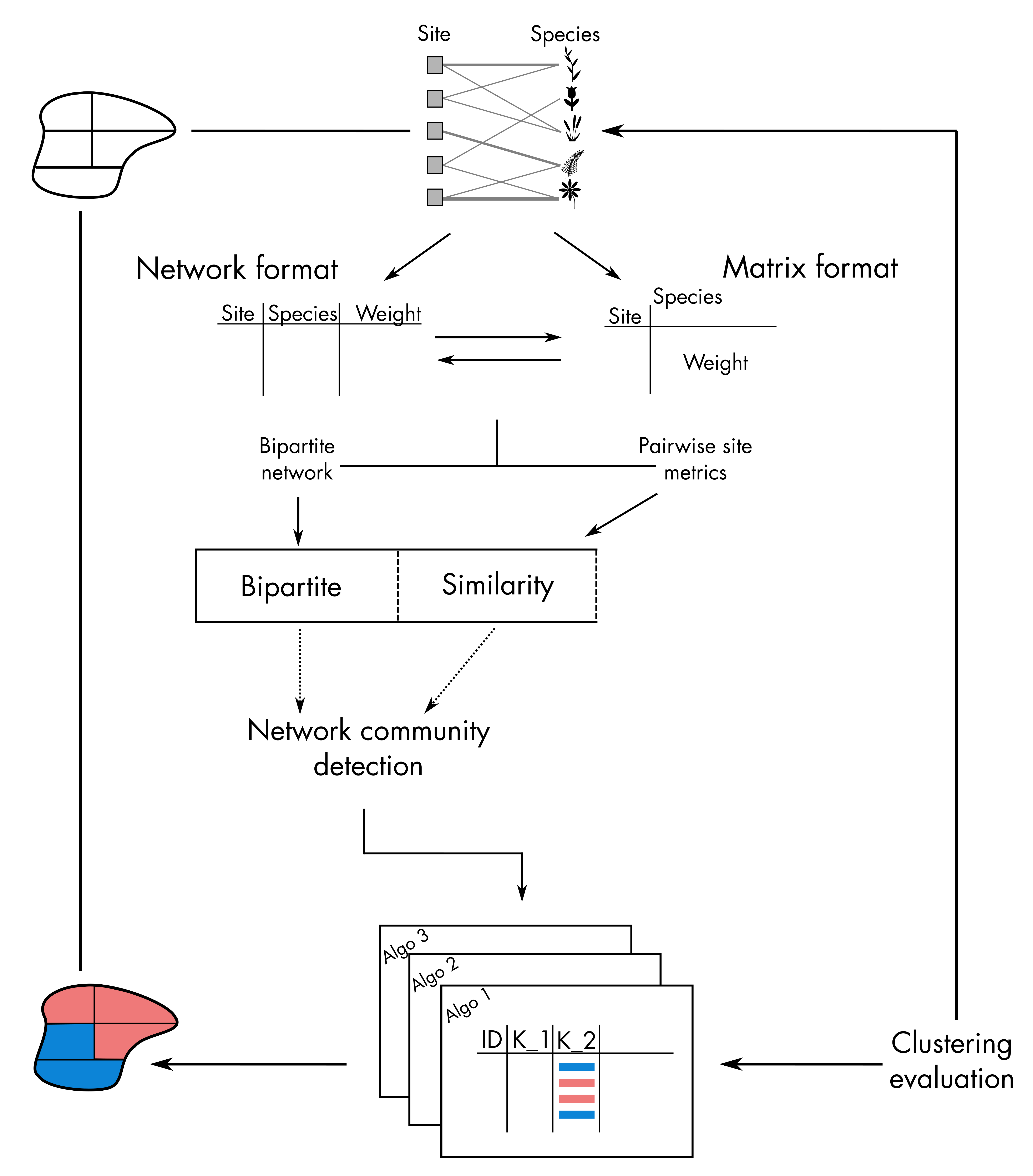 Workflow of the bioregion package for network clustering.